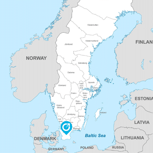 Map of Sweden with a blue pin with the Salesupply logo pinned where Stockholm is located